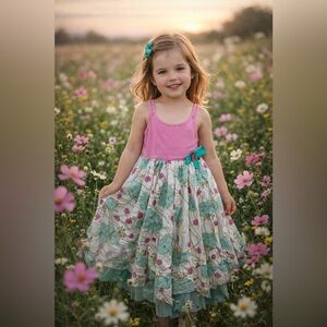 6X - B. LULU Los Angeles - Floral Pink and Green Kids Asymétrique Dress